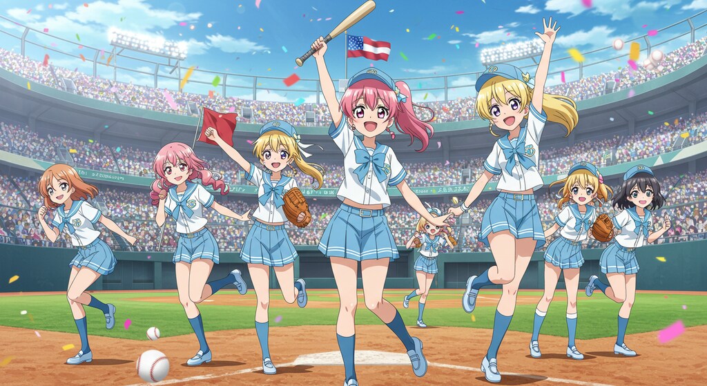 アニメキャラと野球場