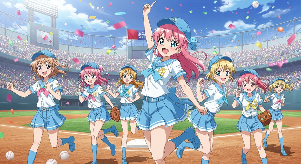 アニメキャラと野球場