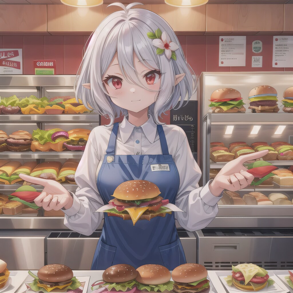 銀髪ボブでエプロンの少女