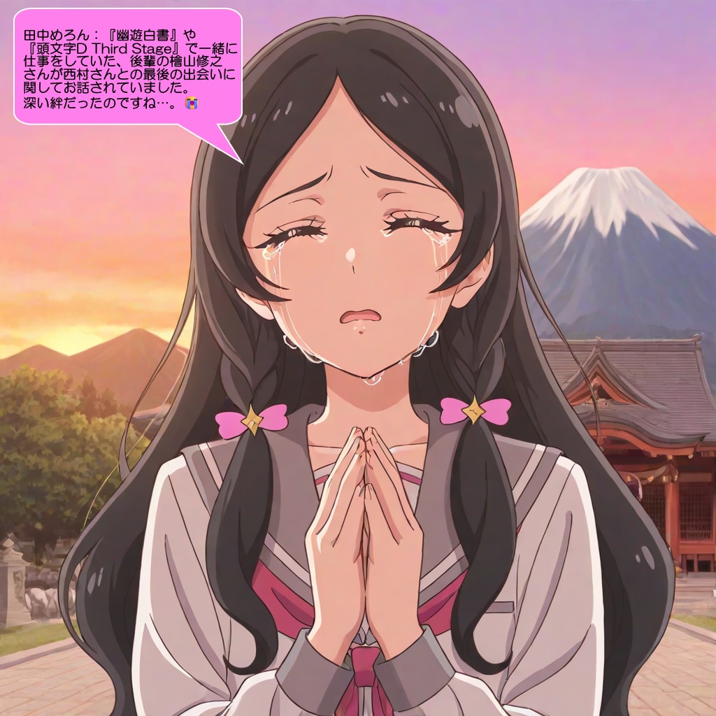 田中めろん、寺院の前で冥福を祈る