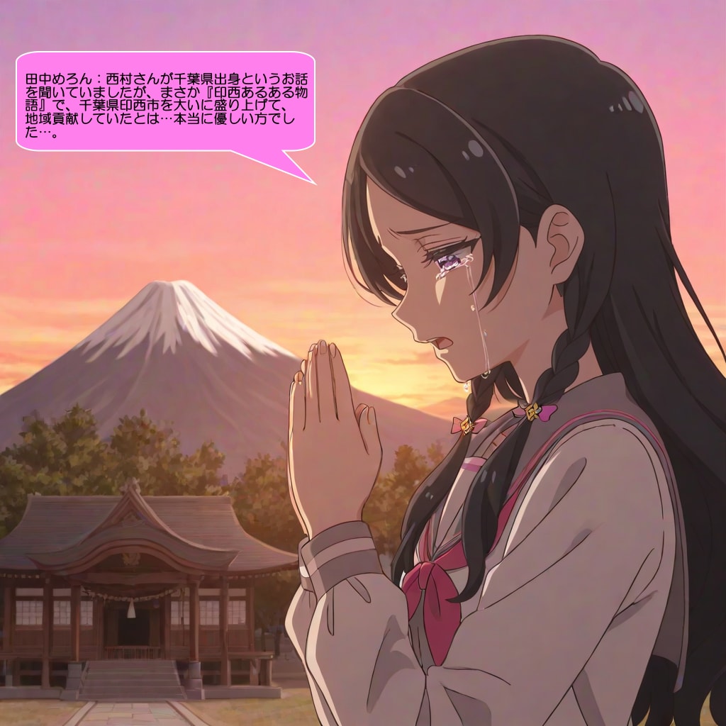 田中めろん、寺院の前で冥福を祈る