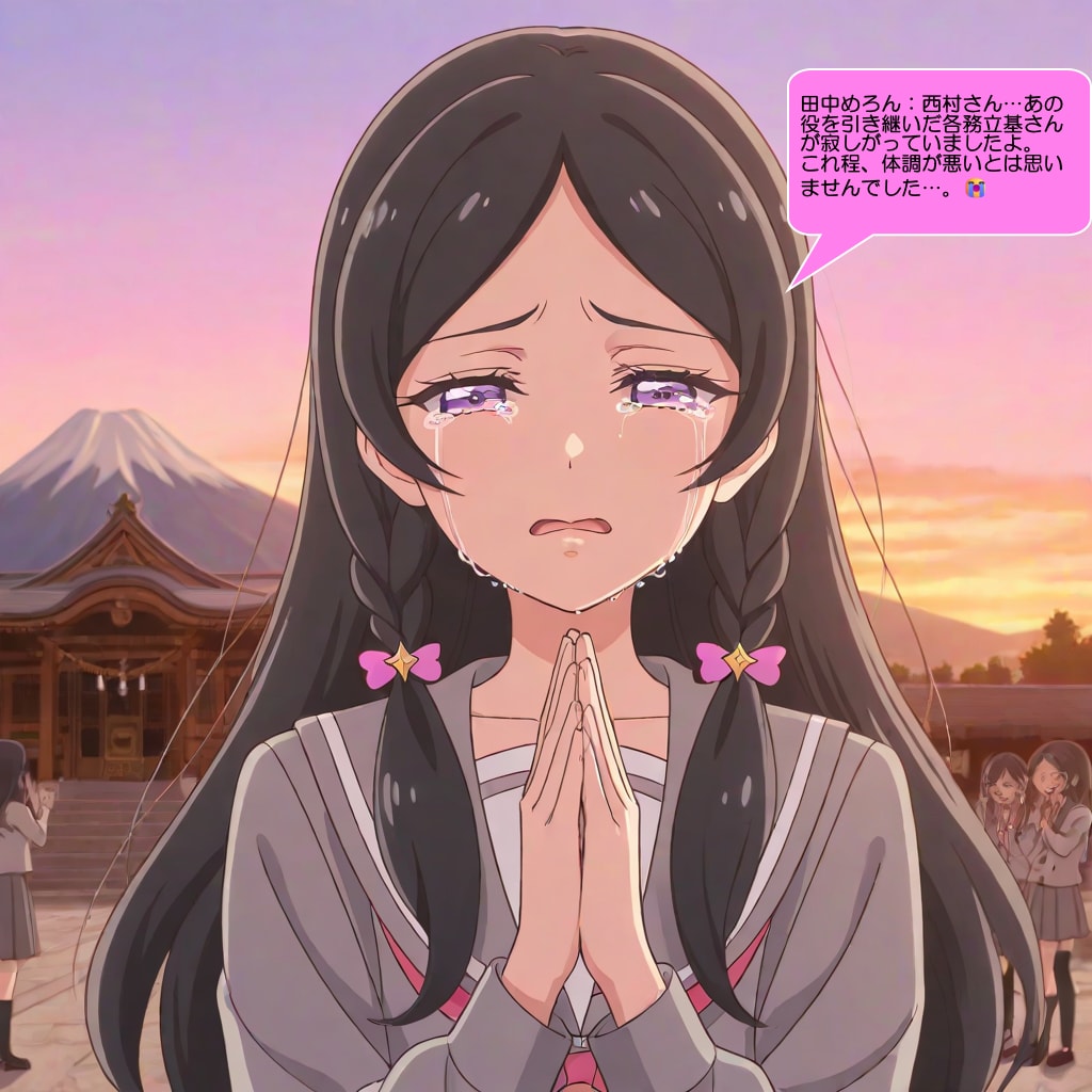 田中めろん、寺院の前で冥福を祈る