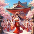 油絵＆アニメ風、春桜神社の巫女 3枚目