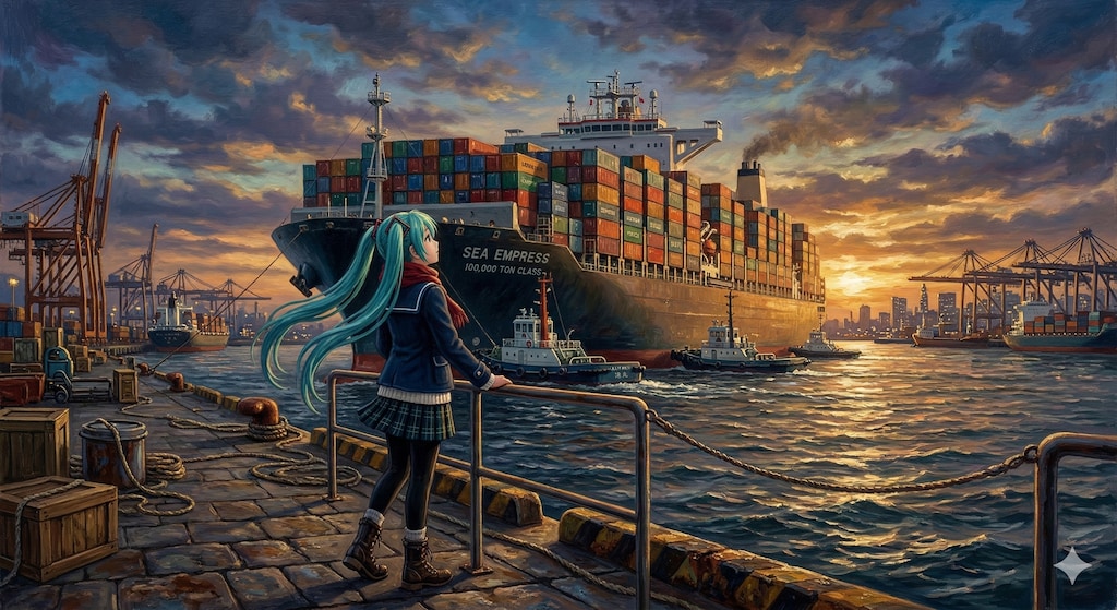 入港するコンテナ船とミクさん