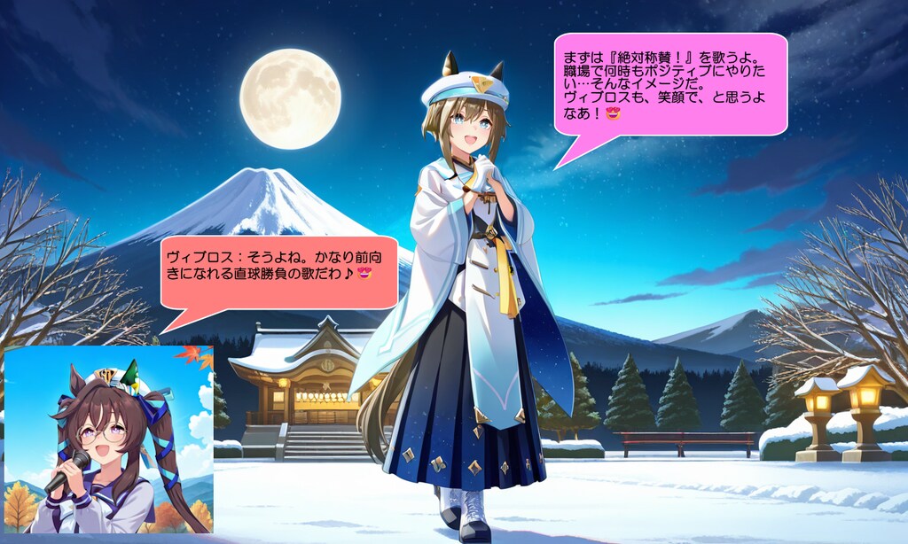 ウマ娘・シュヴァち、雪の被った富士山が綺麗な公園で歌う