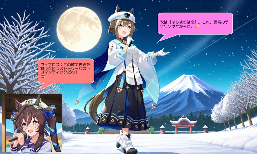 ウマ娘・シュヴァち、雪の被った富士山が綺麗な公園で歌う