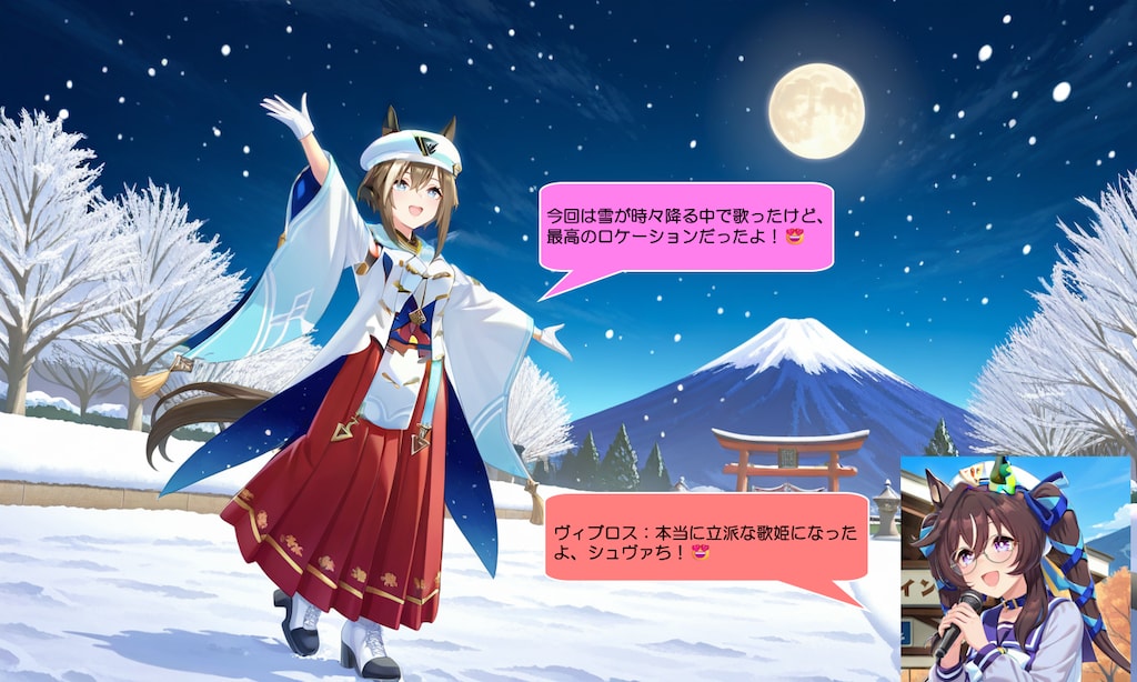 ウマ娘・シュヴァち、雪の被った富士山が綺麗な公園で歌う