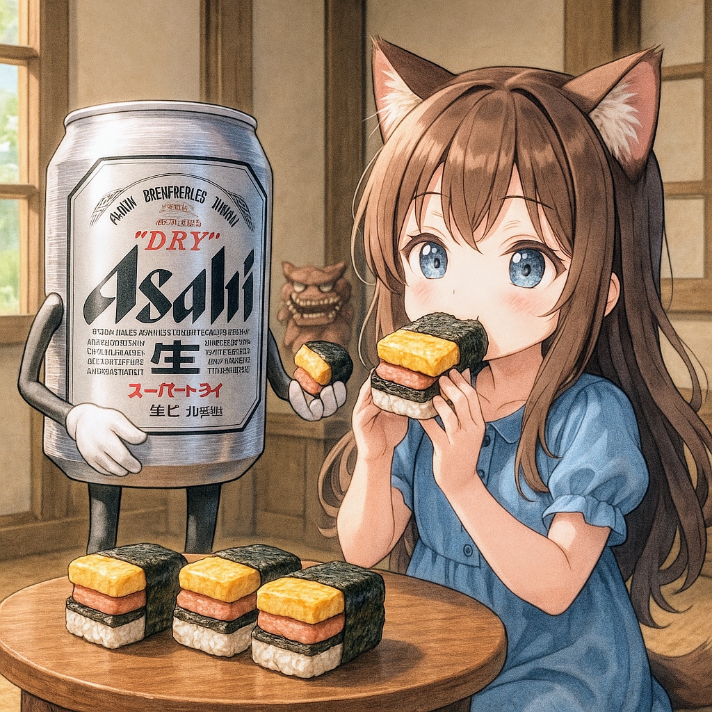 ポークたまごおにぎりを食べる小さな女の子