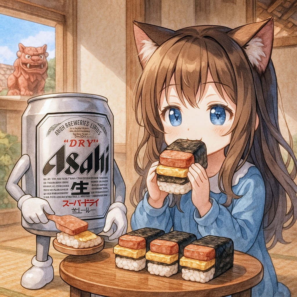 ポークたまごおにぎりを食べる小さな女の子