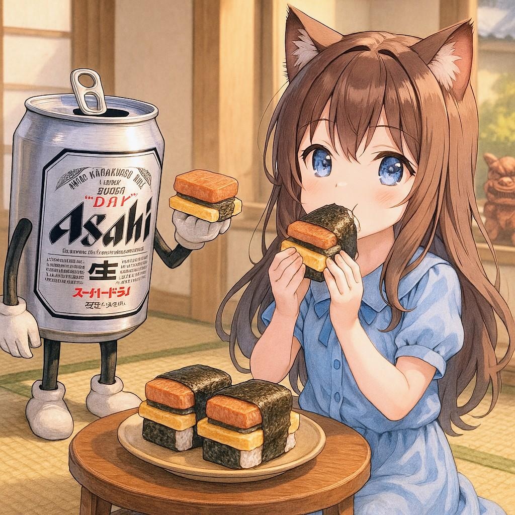 ポークたまごおにぎりを食べる小さな女の子