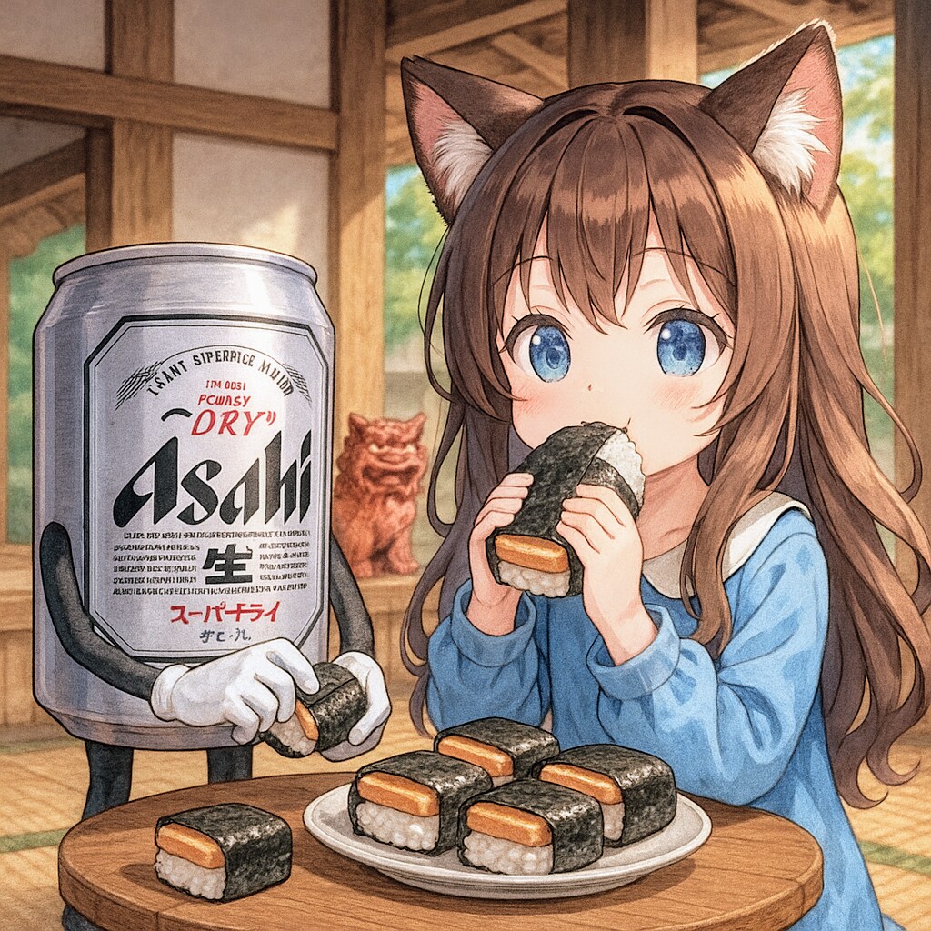 ポークたまごおにぎりを食べる小さな女の子