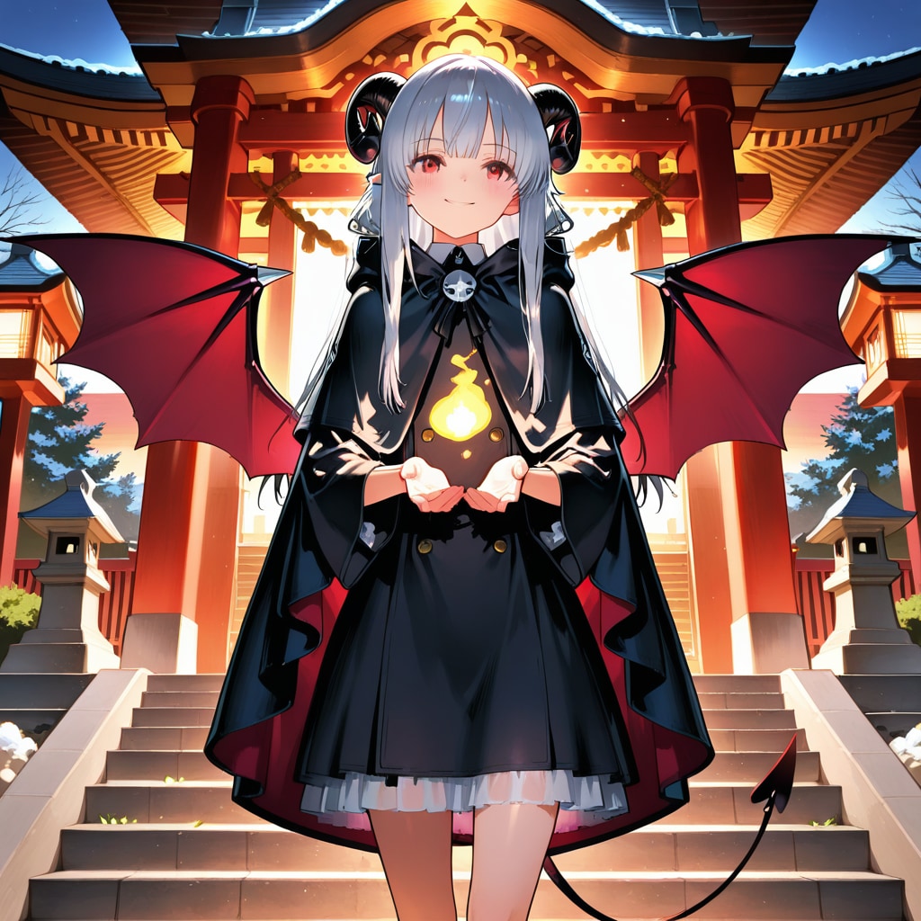 境内の夜明け、場違いな微笑み