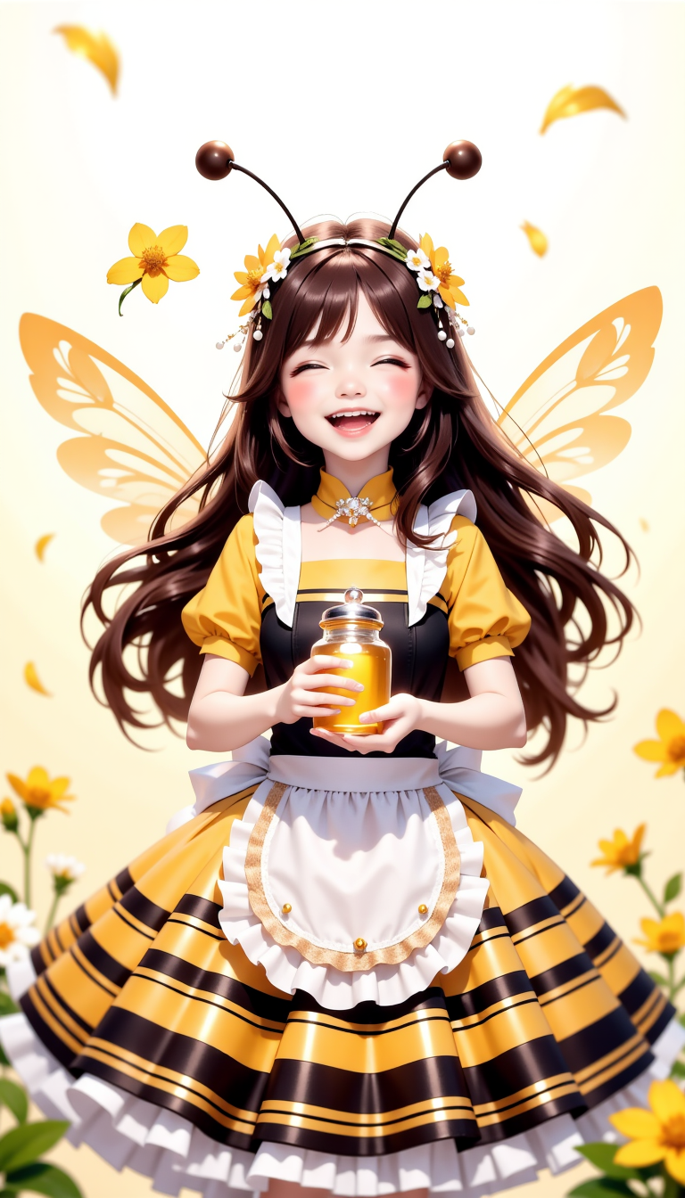 ミモザの花の蜂蜜を持ったミツバチメイド：ご主人様！今日のミモザの蜂蜜はスペシャルですよ～