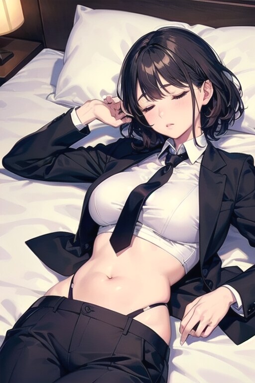 へそ出しスーツのホテルベッド