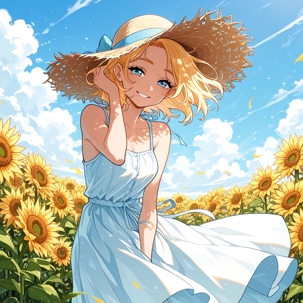 ひまわり畑と夏の風