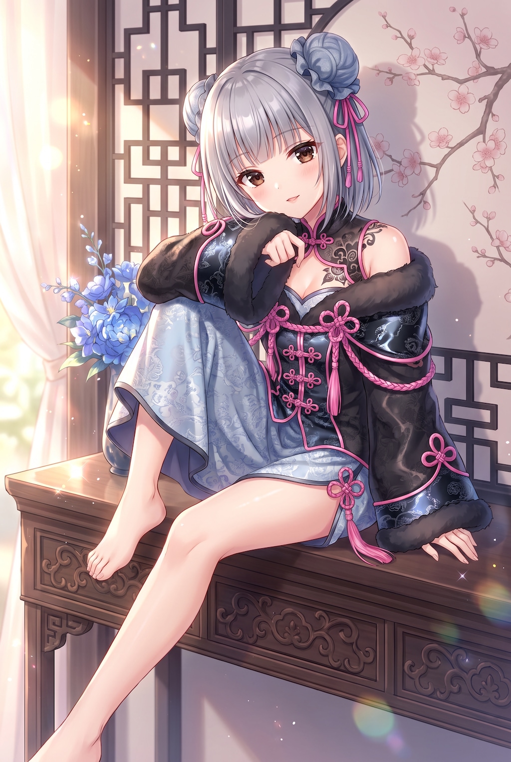 青花琴上の銀髪少女
