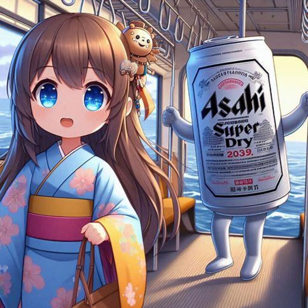 海上を走る列車に乗るビール缶と小さな女の子