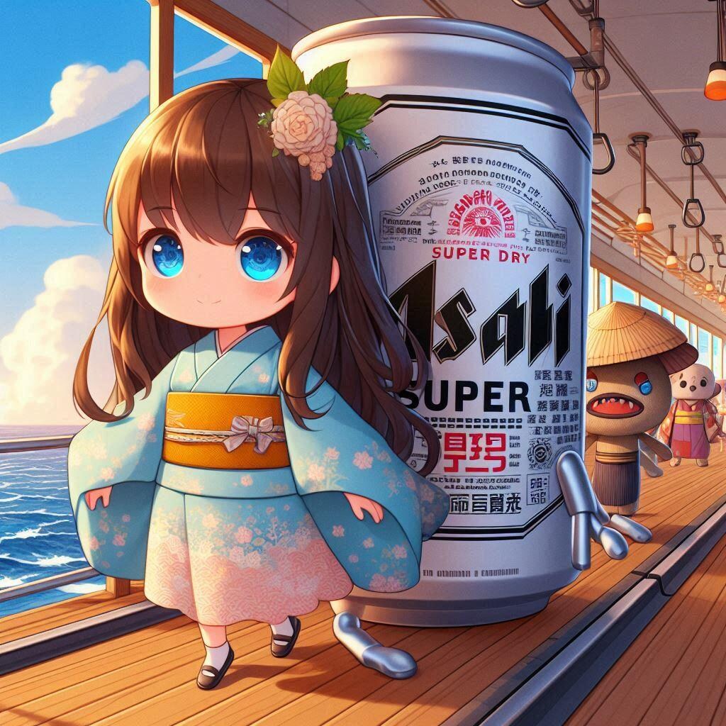 海上を走る列車に乗るビール缶と小さな女の子