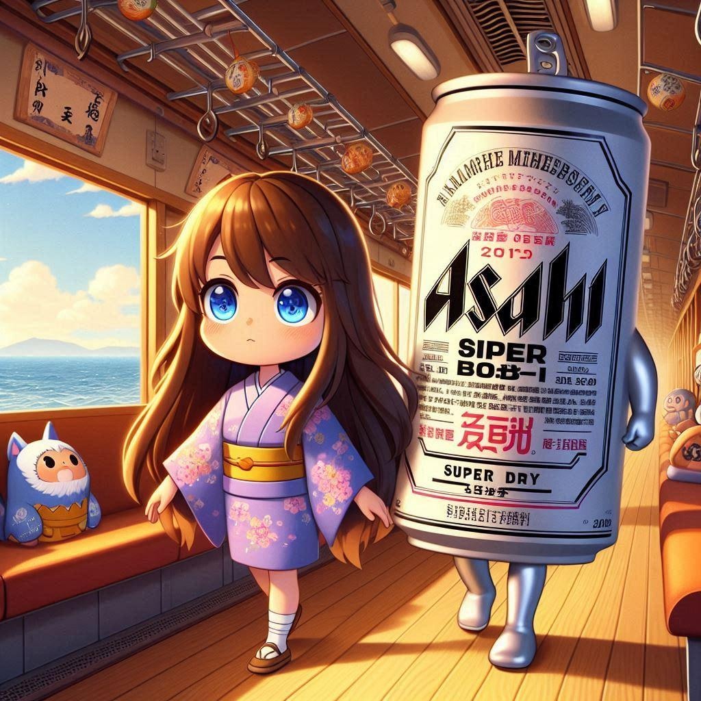 海上を走る列車に乗るビール缶と小さな女の子
