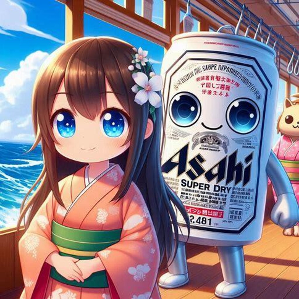 海上を走る列車に乗るビール缶と小さな女の子