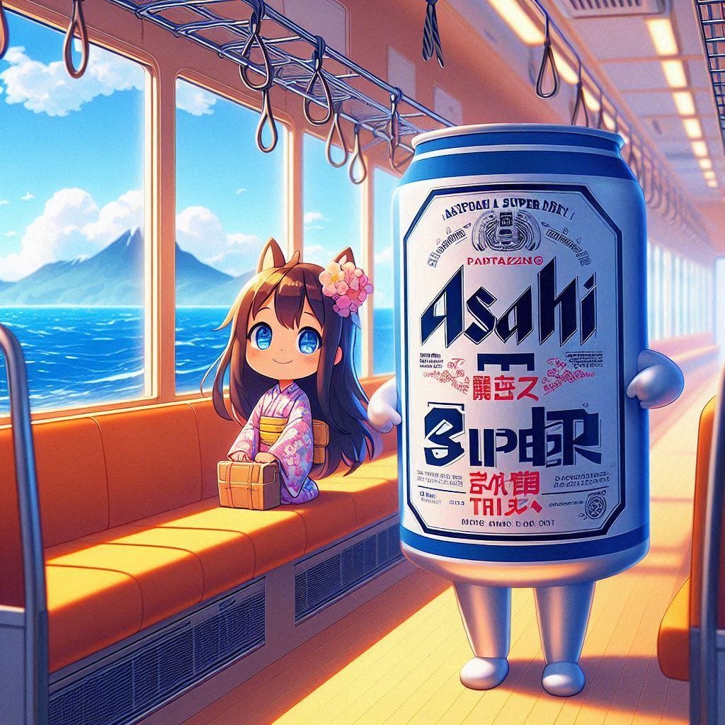海上を走る列車に乗るビール缶と小さな女の子