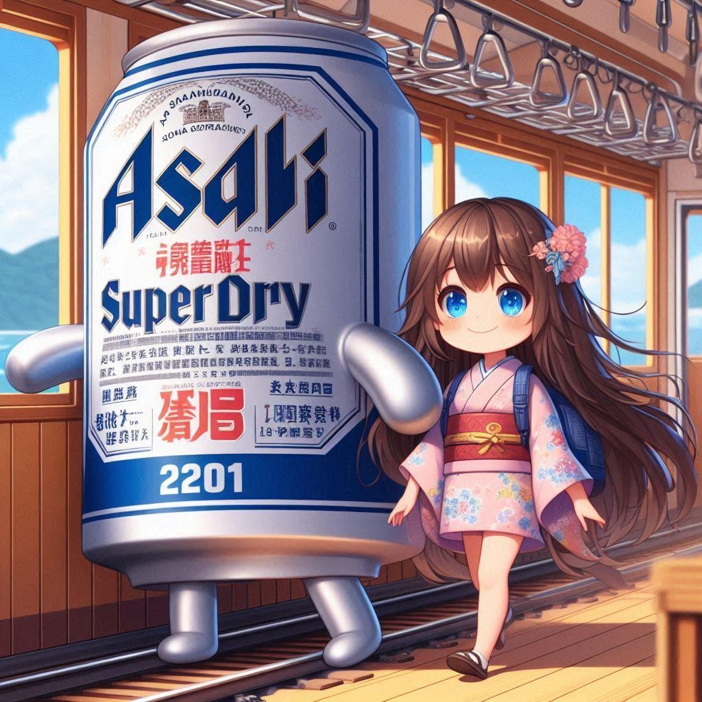 海上を走る列車に乗るビール缶と小さな女の子