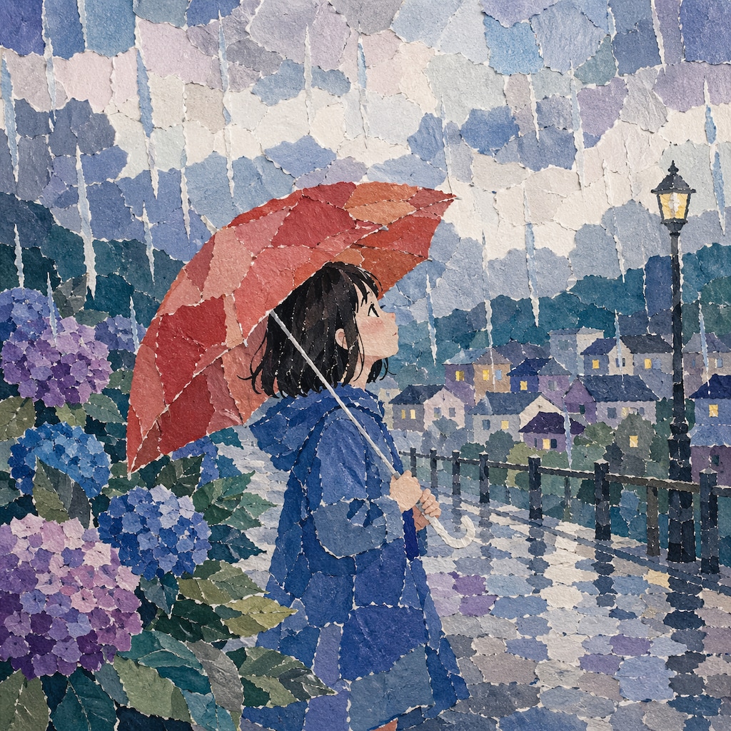 【貼り絵】あじさいと少女