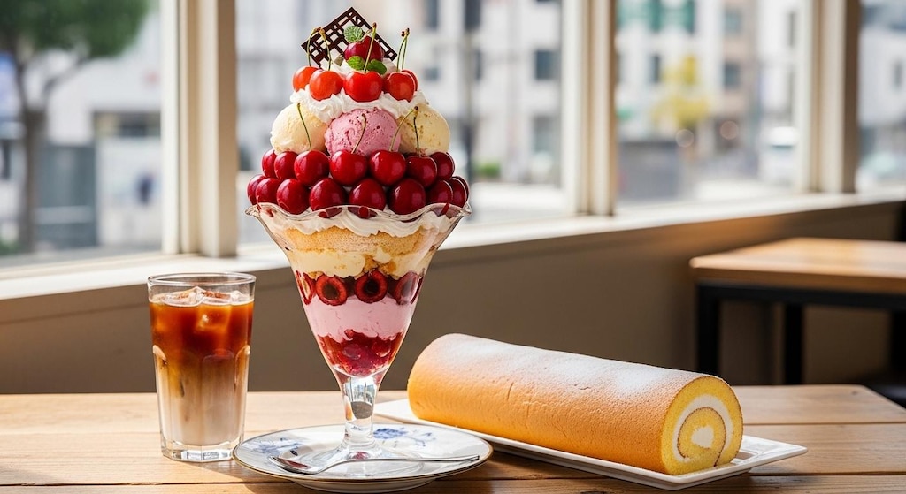 デザートのさくらんぼパフェとロールケーキのセット