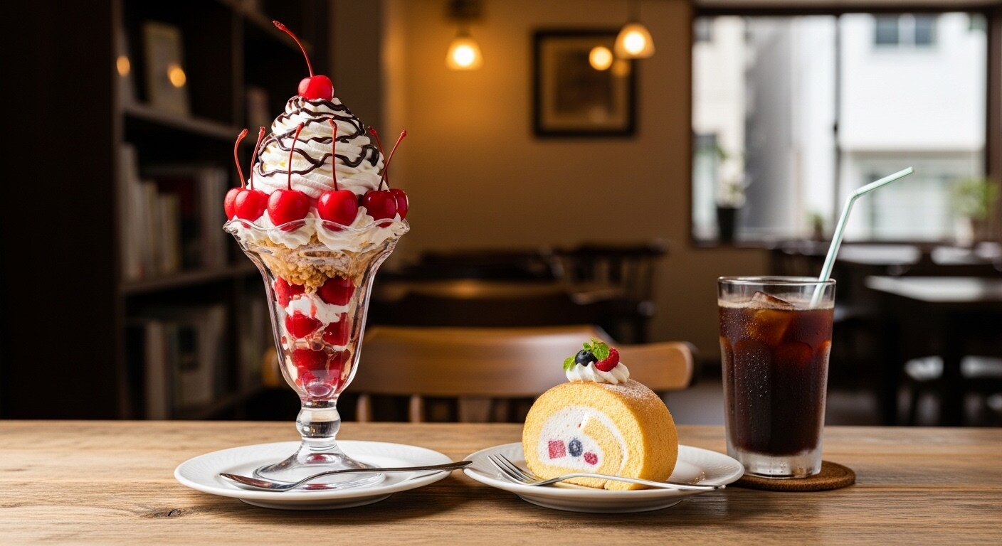 デザートのさくらんぼパフェとロールケーキのセット