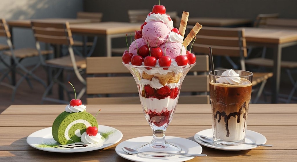 デザートのさくらんぼパフェとロールケーキのセット