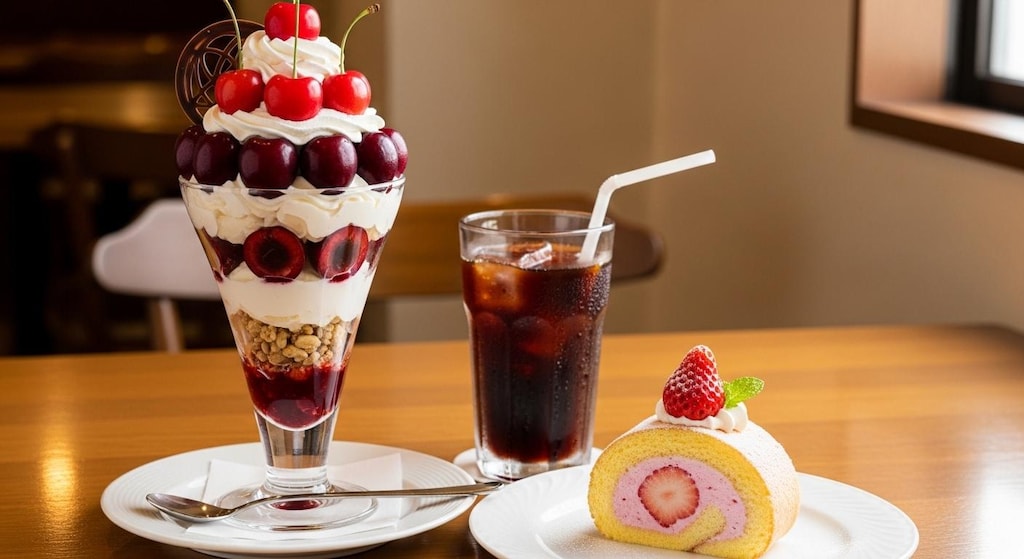 デザートのさくらんぼパフェとロールケーキのセット