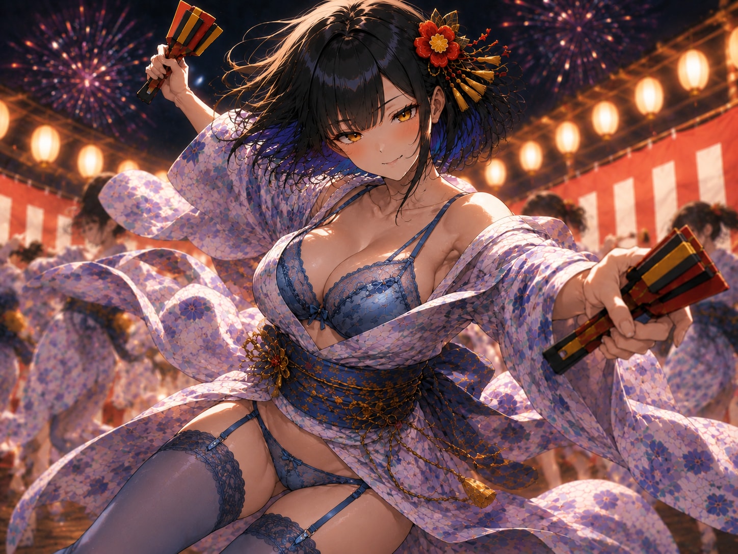 夏祭りの花火と舞う2