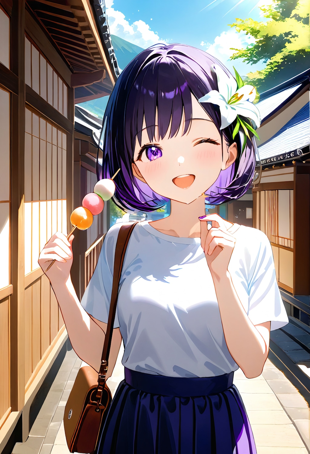 旅行先で食べ歩きをするひまり