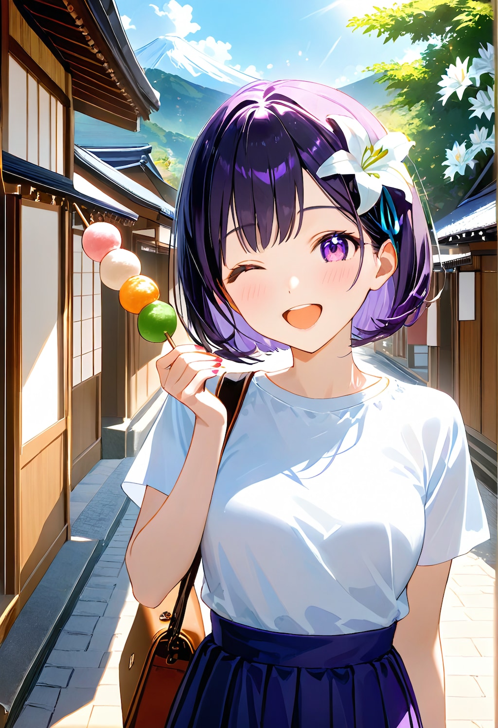 旅行先で食べ歩きをするひまり
