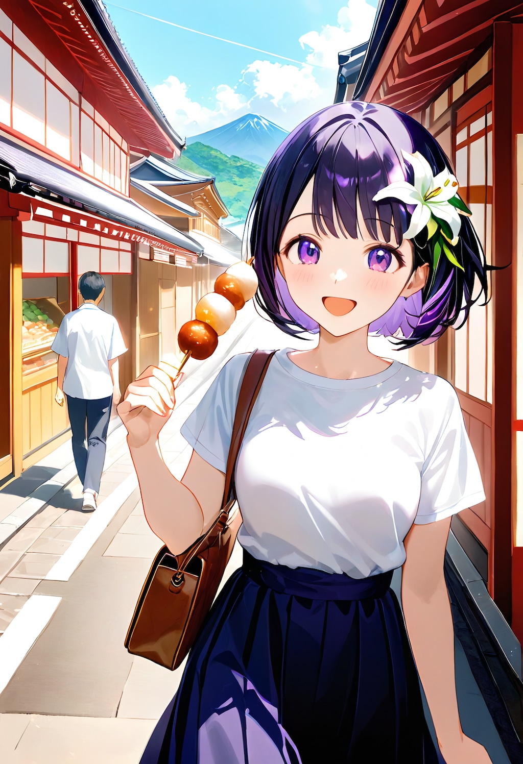 旅行先で食べ歩きをするひまり