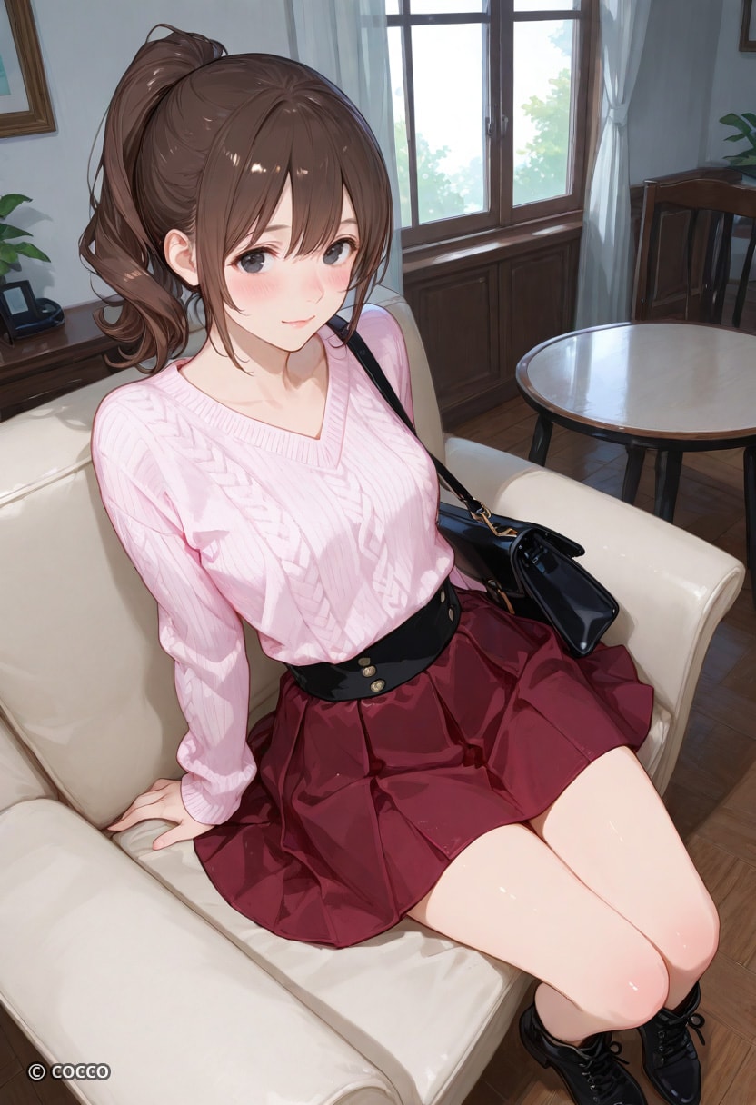 ピンクニットとワインレッド
