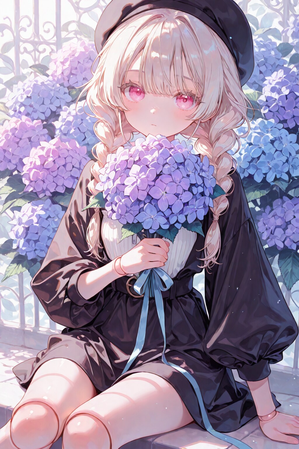 花束とおさげ少女