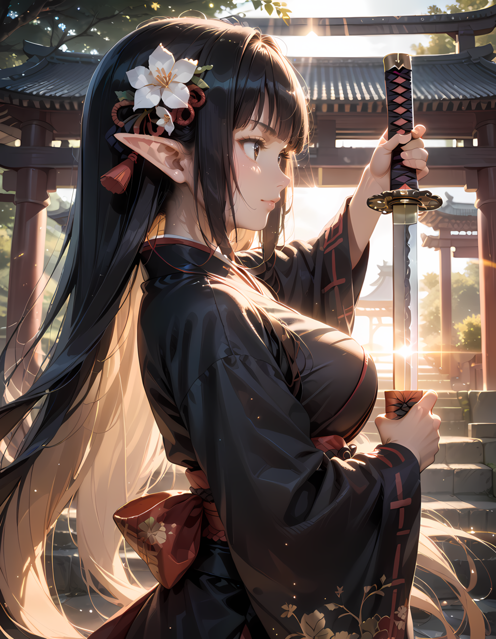 和風黒髪エルフさん、鯉口を切る