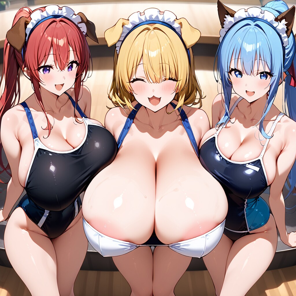 スク水モールのフードコートにある犬耳カフェで働いている犬耳爆乳美女達！