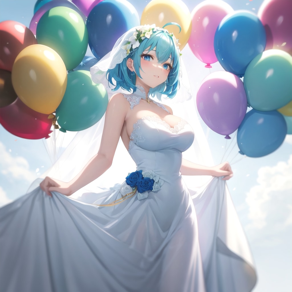 いっぱい色とりどりの風船を持つ水色髪ロングのウェディングドレス着た美女