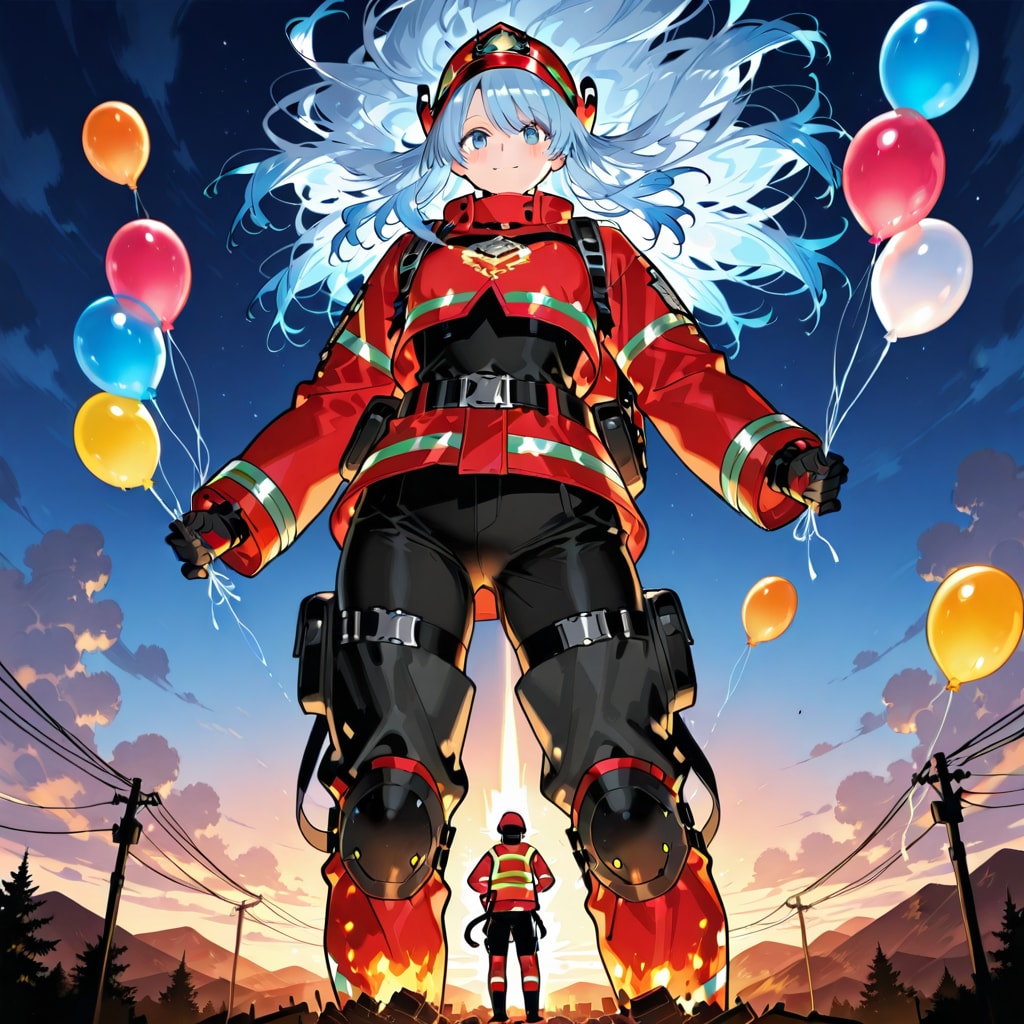 いっぱい色とりどりの風船を持つ水色髪ロングの消防士の美女 | の人気AIイラスト・グラビア