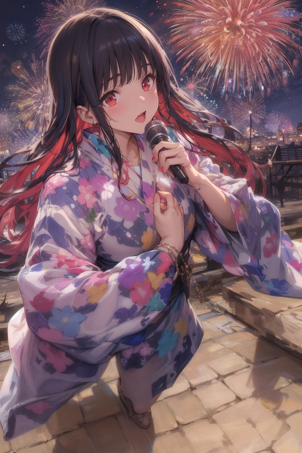 花火大会のアナウンスバイト中に一曲披露する道野綴先生