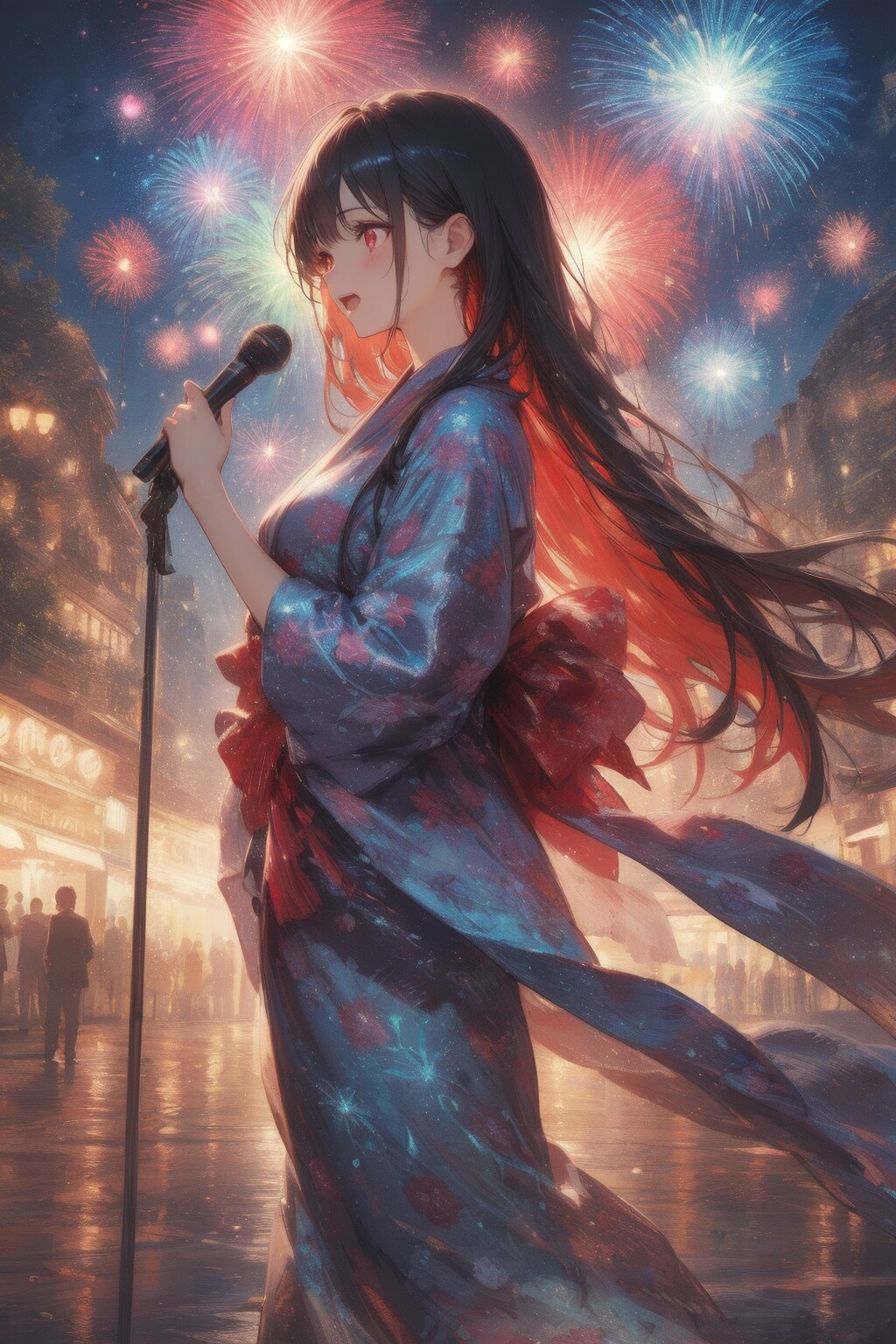 花火大会のアナウンスバイト中に一曲披露する道野綴先生