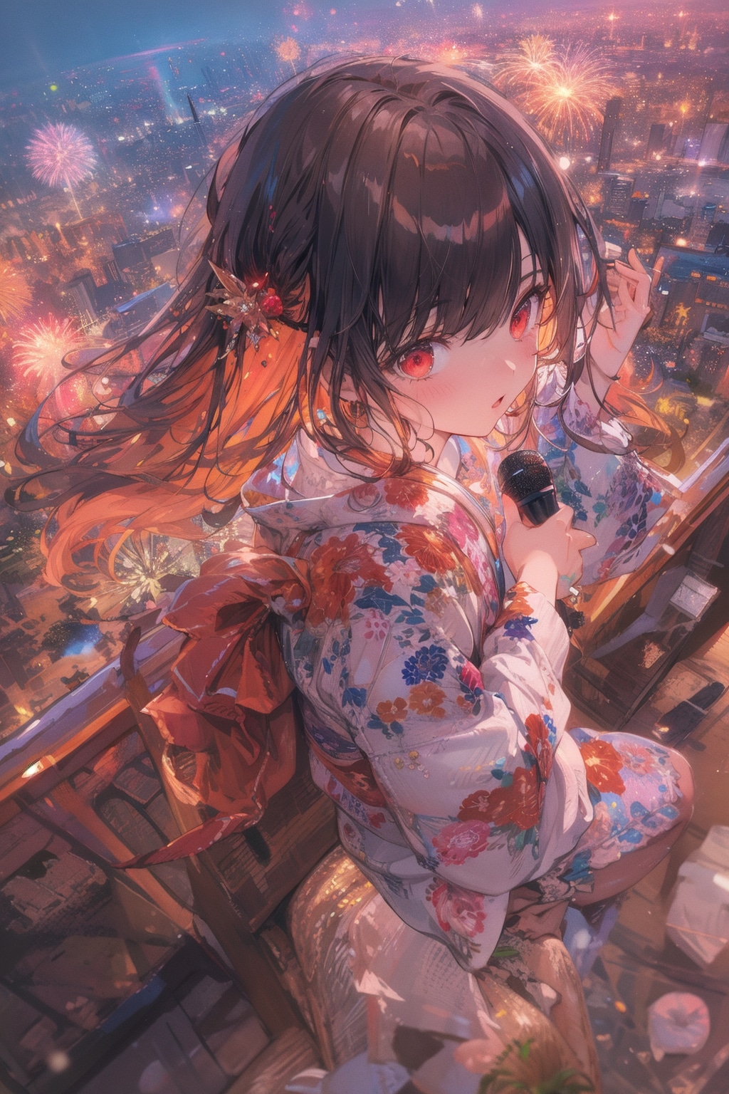 花火大会のアナウンスバイト中に一曲披露する道野綴先生