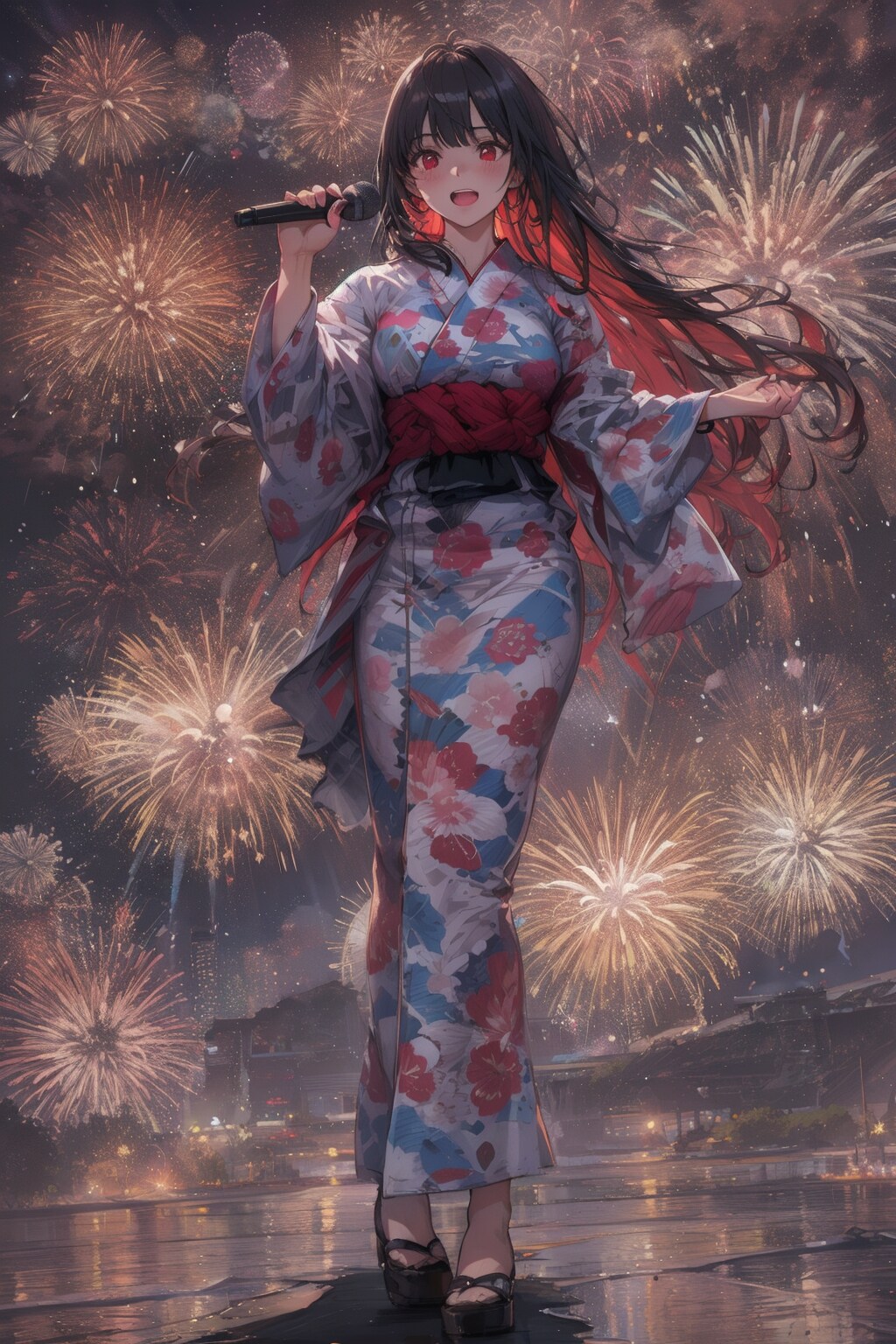 花火大会のアナウンスバイト中に一曲披露する道野綴先生