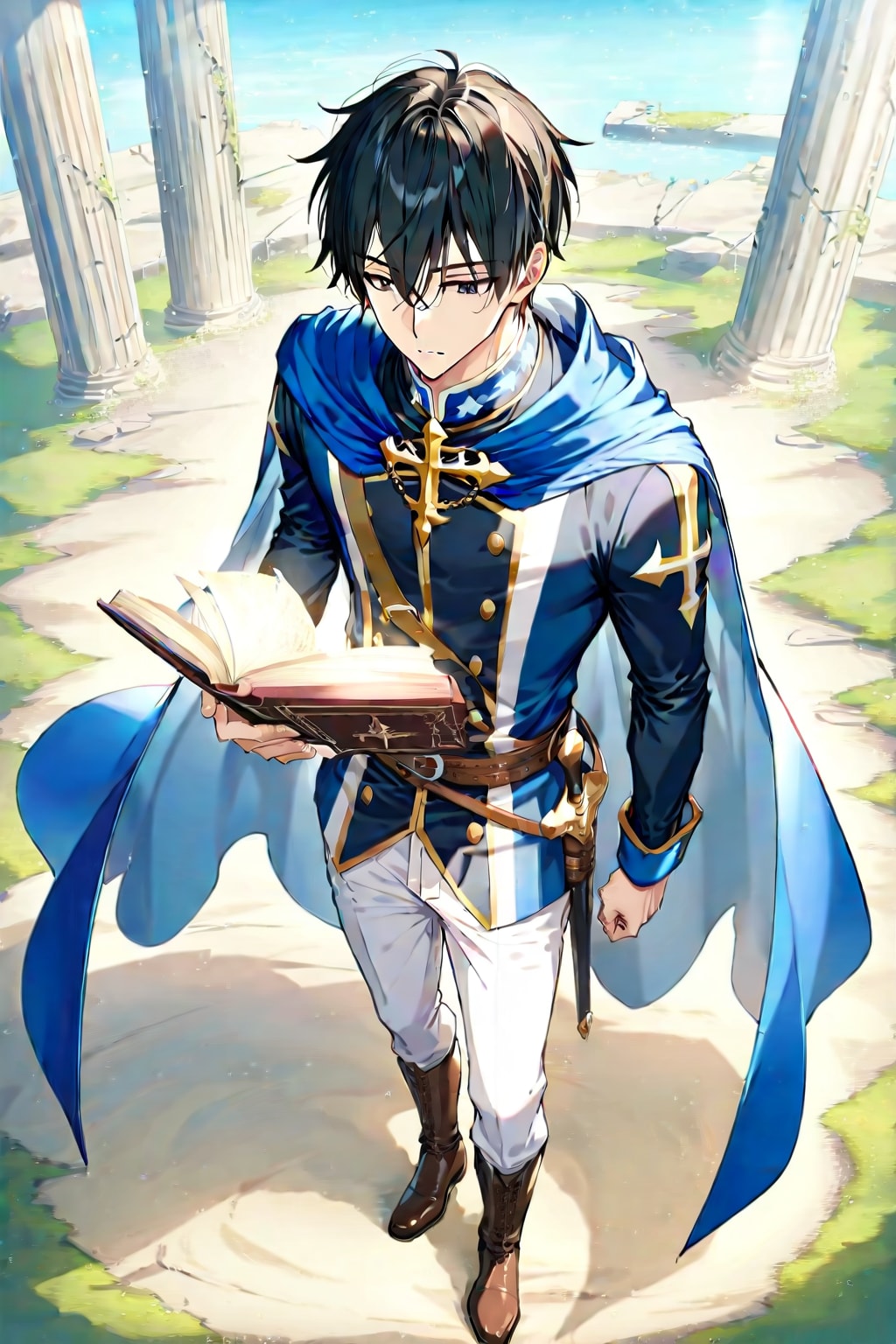 幻想的な古代遺跡の前、大柄な男性魔導士1-1-2-4-1-4-3