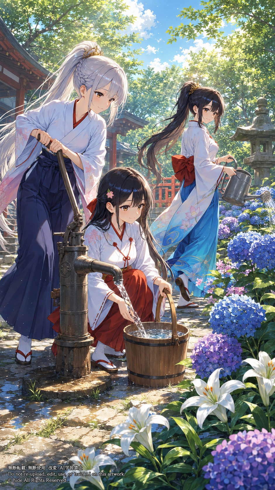 神楽さんたち、紫陽花の手水で | の人気AIイラスト・グラビア