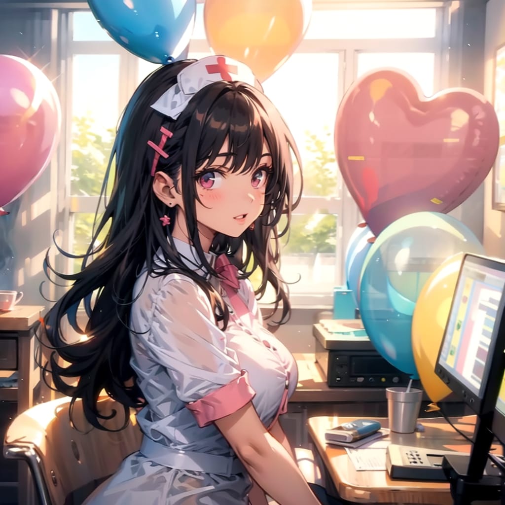 いっぱい色とりどりの風船を持つ黒髪ロングのナース服着た美女 | の人気AIイラスト・グラビア