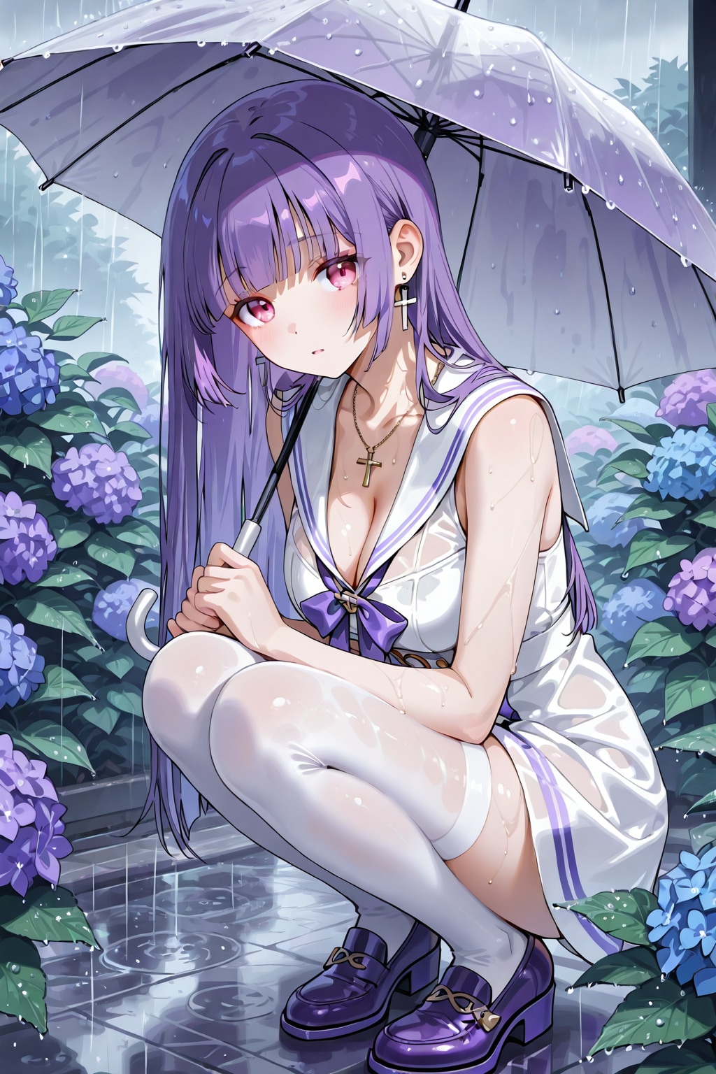 紫陽花で満たされた、雨の降る庭で