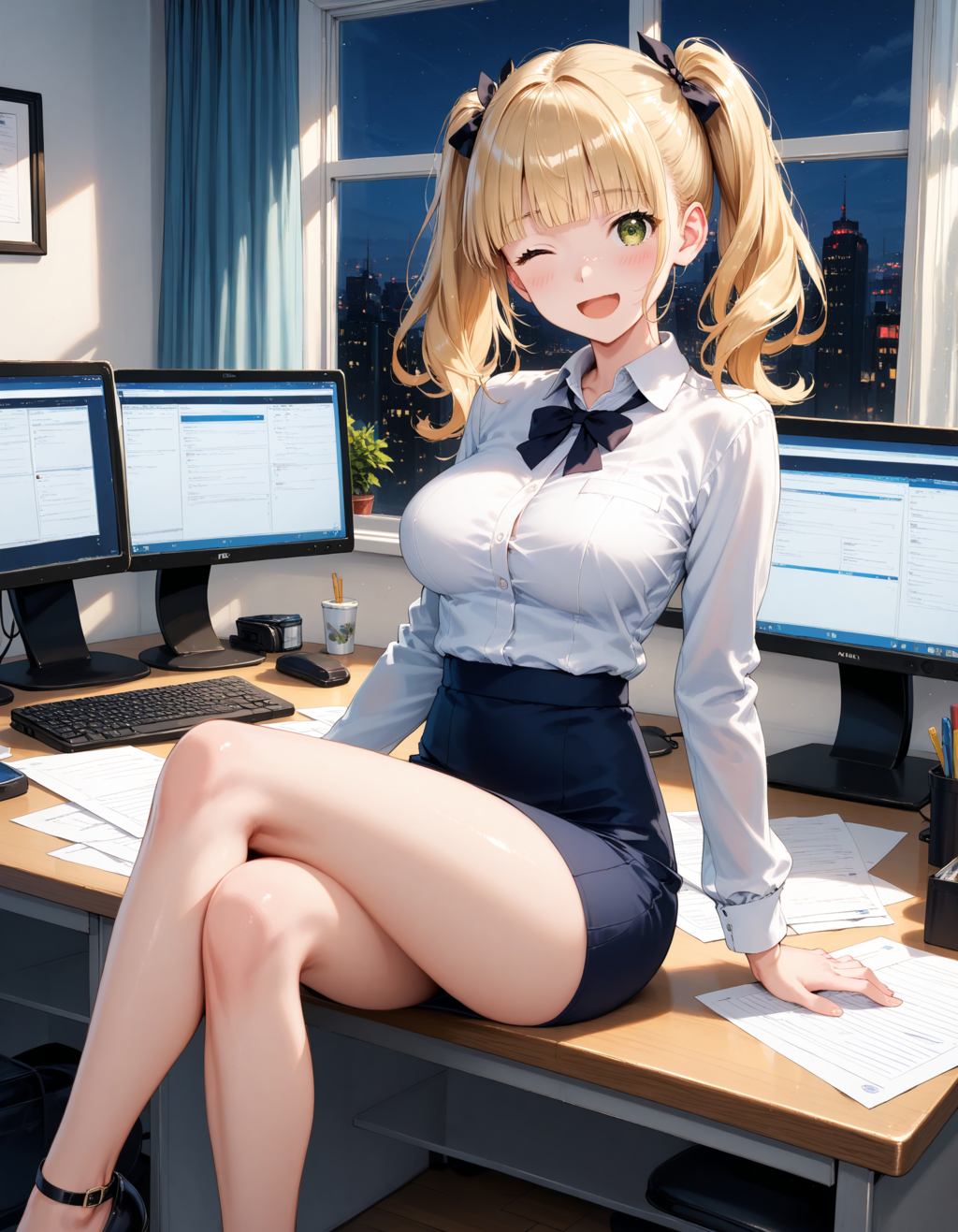 金髪ツインテ ミニスカOL